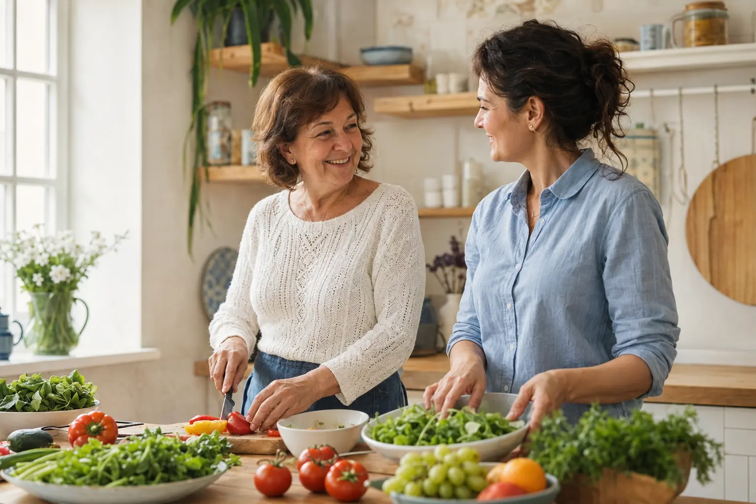 Două femei pregătesc împreună o masă simplă și echilibrată